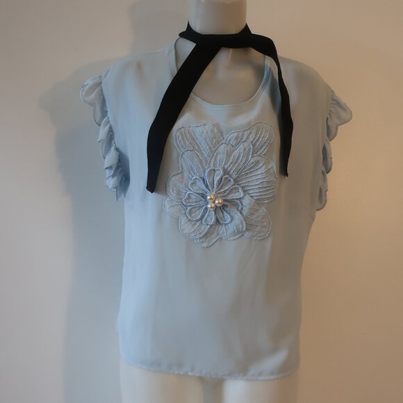 Womens Edward Achour Paris Blue Floral Print Pearl Design Blouse XL - Picture 1 of 10
